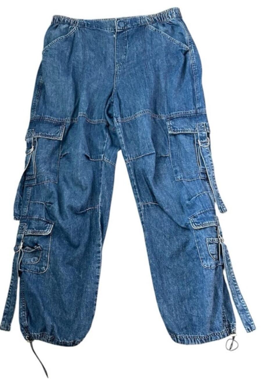 Garage blue denim cargo pants, utility pockets elastic/drawstring waist. size S